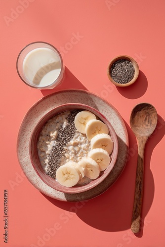 Top Down View of Healthy Morning Meal Featuring Milk Fruit and Wooden Spoon