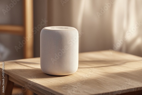 Voice Activated Smart Speaker on Wooden Table in Natural Light