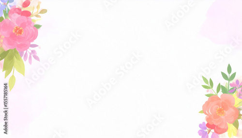 Luxurious wallpaper. Banner with flowers. Watercolor pink, blue, lilac spots on a white background. Shiny flowers and twigs. Copy space for text