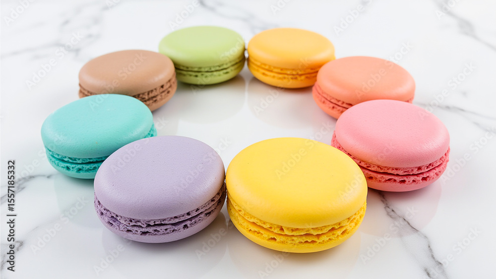 Obraz premium circle of colorful macarons arranged on a white marble surface, creating a vibrant and eye-catching display.