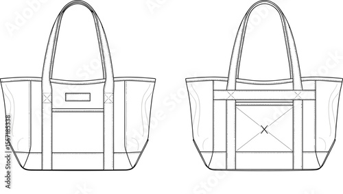 Tote bag CAD design vector illustration, technical fashion sketch, flat template front and back view, sewing construction details