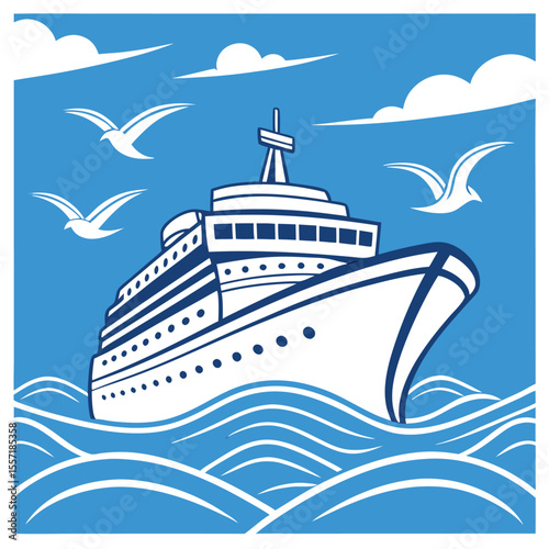 Elegant Cruise Ship Sailing Gracefully Through Wavy Waters Under a Blue Sky with Soaring Seagulls