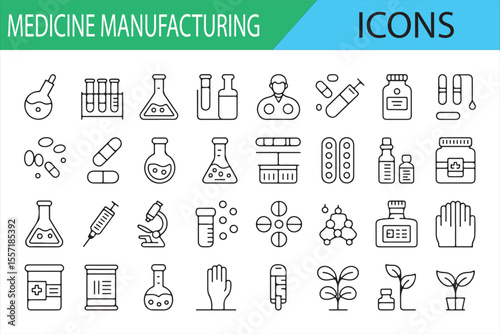 Laboratory and Medicine Manufacturing Icon Set for Pharma Industry