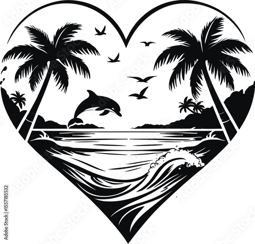 tropical island with palm tree sunset, illustration