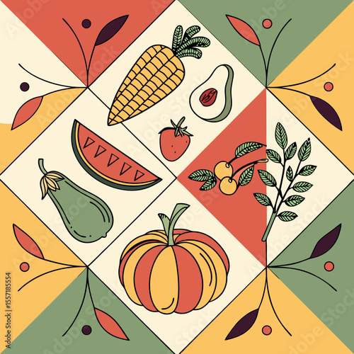 a colorful background with various fruits and vegetables