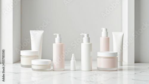group of white cosmetic bottles and jars on a marble counter, with a wall in the backgroun