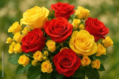 Vibrant floral arrangement with yellow and red blossoms as a backdrop