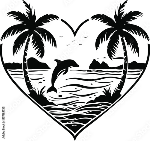 tropical island with palm tree sunset, illustration