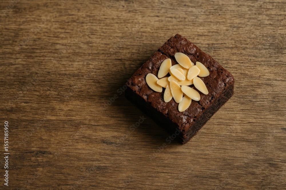 Fototapeta premium Almond-topped brownie displayed on a rustic wooden surface