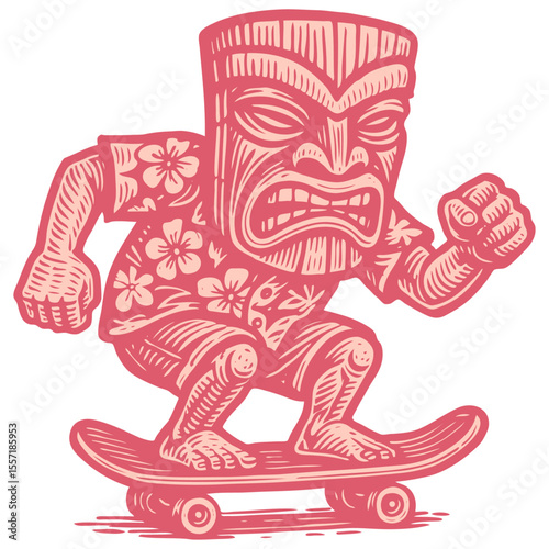 A fun vector character of a tiki idol riding a skateboard. A retro illustration in a woodcut style, perfect for summer, surf, or skate culture.