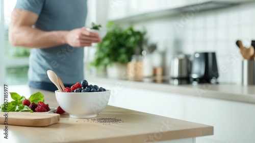 Healthy breakfast man preparing berries and chia seeds in modern kitchen
