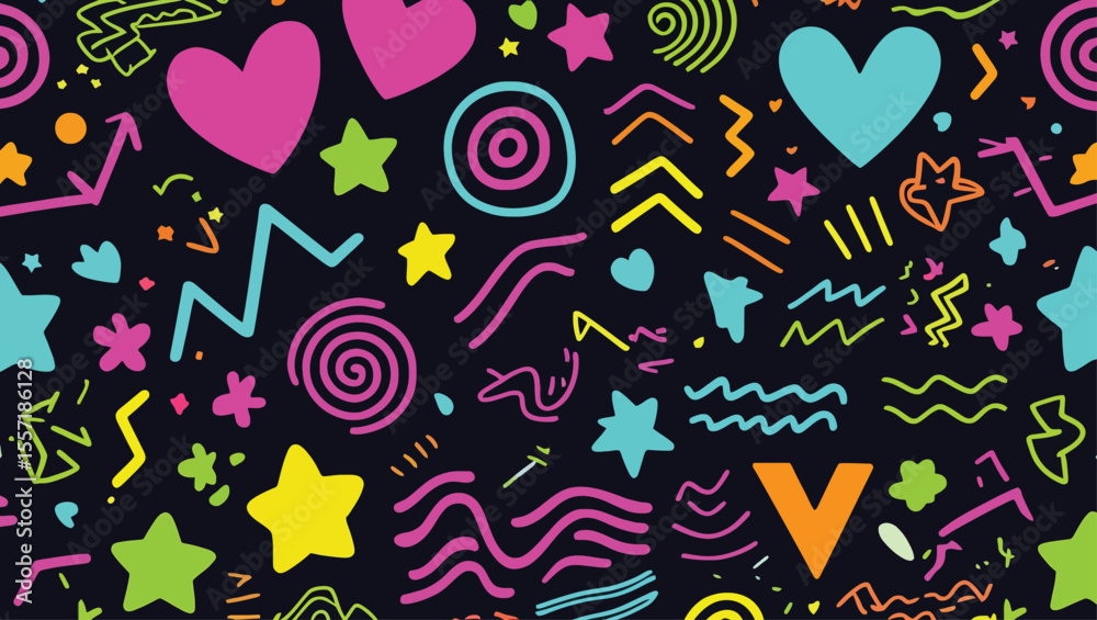 Vibrant and Playful Neon Pattern with Hearts Stars Spirals and Abstract Shapes