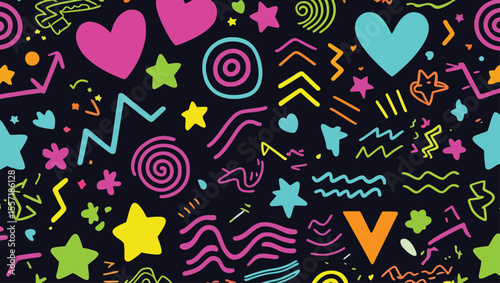 Vibrant and Playful Neon Pattern with Hearts Stars Spirals and Abstract Shapes