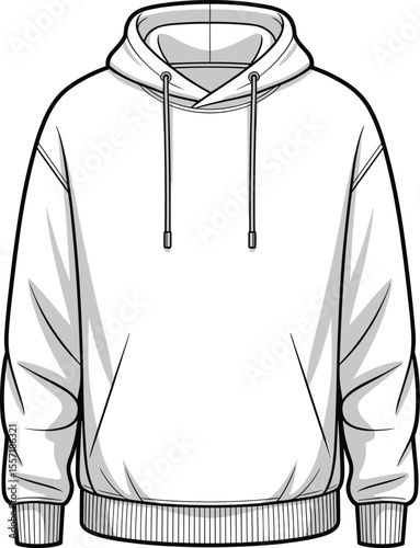 Cad drawing flat vector illustration of white hoodie sweatshirt, fashion garment template, blank design mockup, apparel clothing sketch