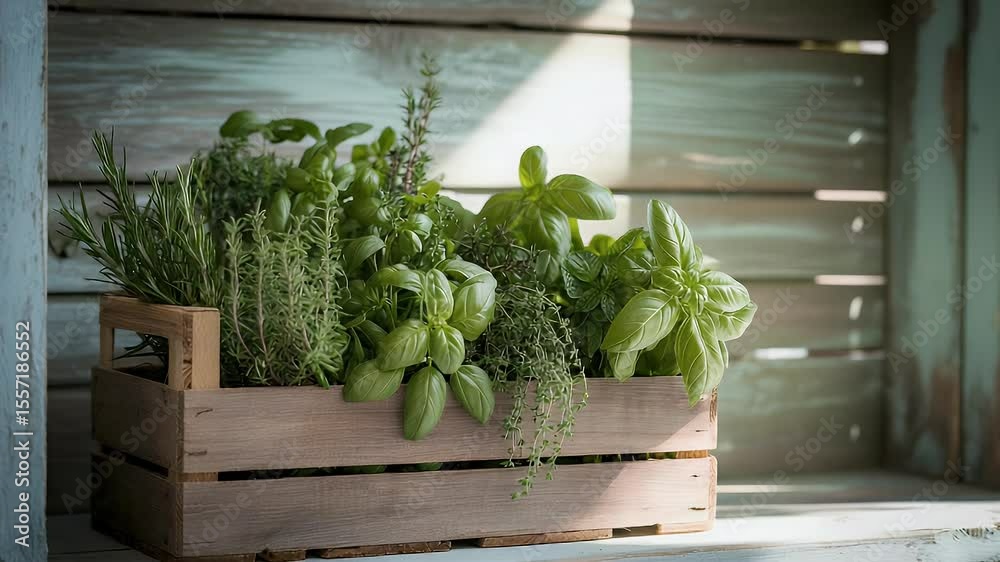 Fresh herbs in rustic wooden crate sunlight green natural food