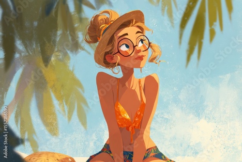 Young woman enjoying warm summer sun while relaxing on tropical beach vacation