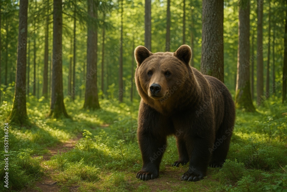 Fototapeta premium Summer scene featuring a brown bear in a woodland setting