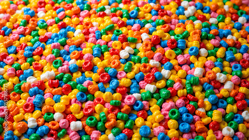 pile of colorful cereal sitting on top of a table. The cereal appears to be a variety of colors, including red, blue, yellow, and green.