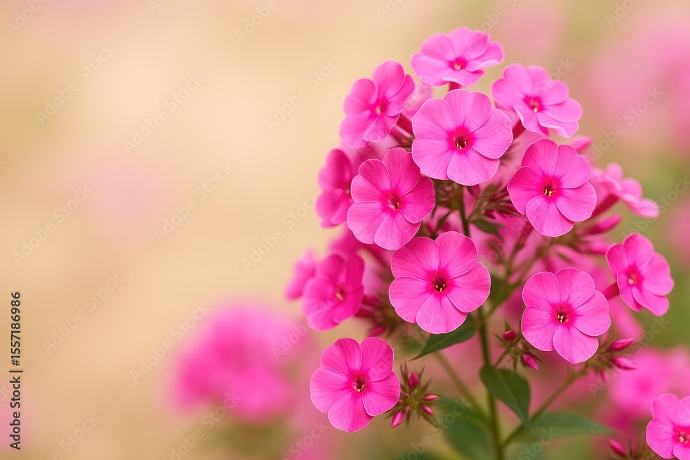 Fototapeta premium Vivid and fashionable backdrop featuring pink phlox blossoms with a softly blurred background and space for vertical text