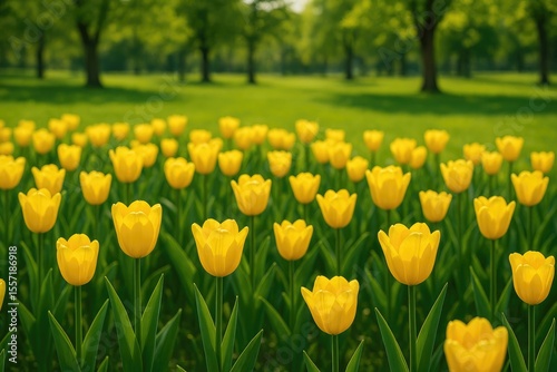 Vivid yellow tulips flourishing in a scenic park setting