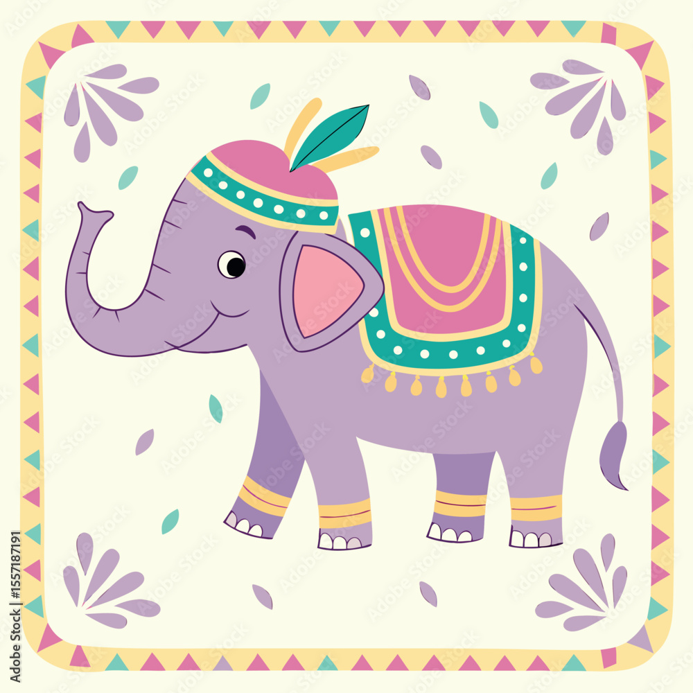 Fototapeta premium A Festive Purple Elephant Adorned with Colorful Traditional Indian Wedding Decorations