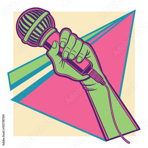 Retro Hand Holding Vintage Microphone with Abstract Geometric Shapes Background