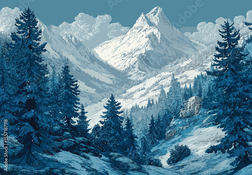 snow mountain and forest
