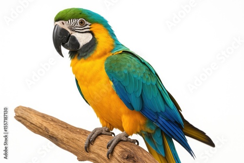 Vibrant parrot perched on a wooden branch with a plain white backdrop. Unique pet bird