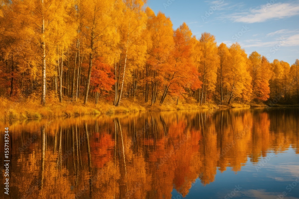 Fototapeta premium Vivid Fall Scene with Reflective Water and Blurred Focus