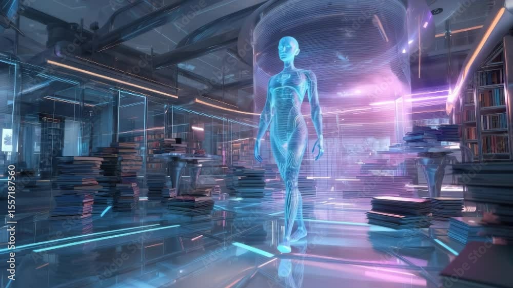 A holographic woman strolls through a futuristic library, filled with data and digital elements.