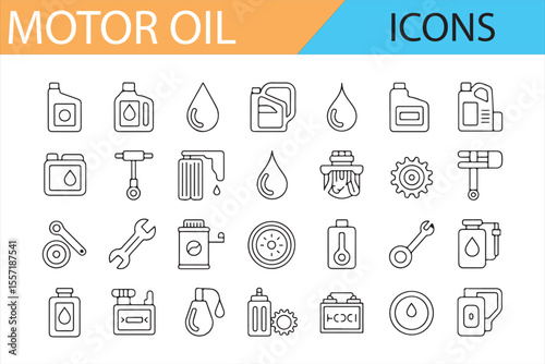 Motor Oil Icon Set for Automotive Maintenance and Repair Services - A collection of minimalistic icons depicting motor oil bottles, tools, pumps, and other essential symbols related to engine maintena