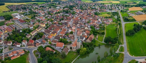 Fototapeta Naklejka Na Ścianę i Meble -  A panorama aerial view around the downtown in the city Markt Erlbach Germany on a sunny spring day
