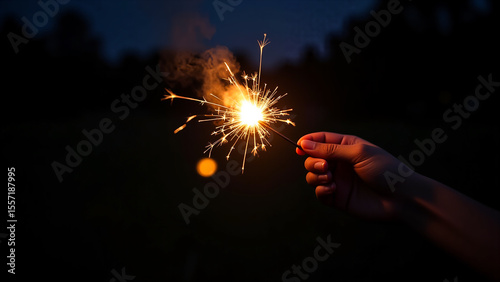 person holding a sparkler in their hand against a dark background. The sparkler is emitting a bright light, illuminating the darkness of the background.