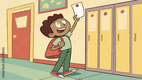 Boy with backpack holding up a paper in a school hallway next to lockers and a door with a painting