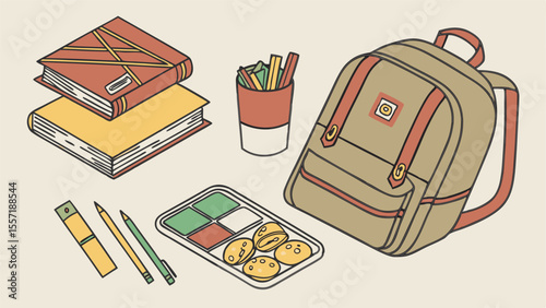 Illustration of a backpack with books, pencils, and a lunchbox on a light background surface