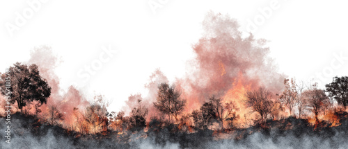 Wildfire smoke and flames in the forest.