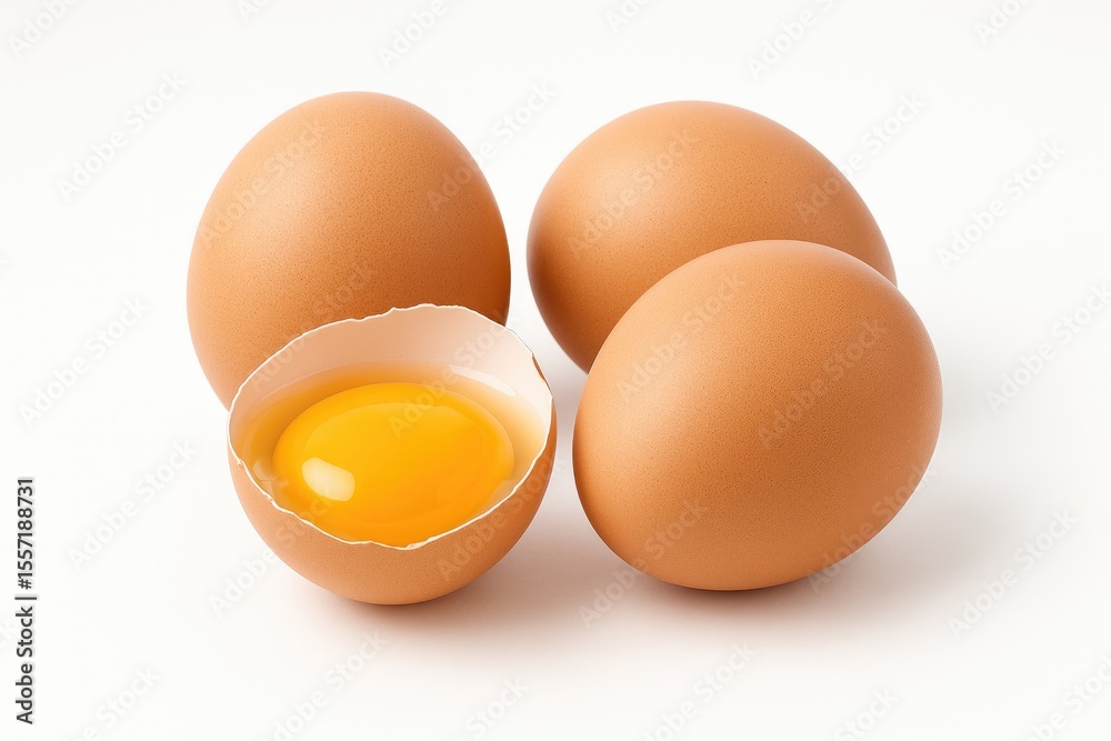 Eggs of a chicken on a plain white surface Eggs of a chicken on a plain white surface