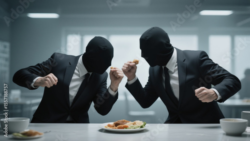 Tension at the table: masked figures in business attire ready to fight for food
