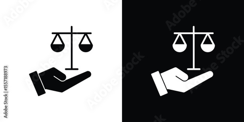 Justice scales in Hand icon. Black Silhouette. Graphic illustration.