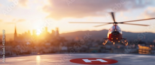 Helicopter landing sunset cityscape