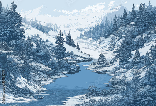 snow mountain and forest