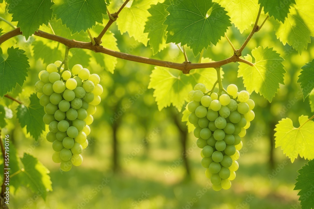 Vibrant green grape clusters draping from a vine amidst lush foliage Vibrant green grape clusters draping from a vine amidst lush foliage