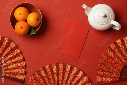 Celebrating the Lunar New Year with festive red envelopes, citrus fruits, decorative fans, and a classic teapot on a vibrant red backdrop