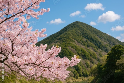 Beautiful cherry blossoms blooming in a scenic Japanese countryside