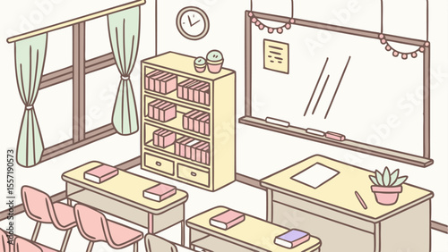 Illustration of an empty classroom with desks chairs and a whiteboard with decorations around it