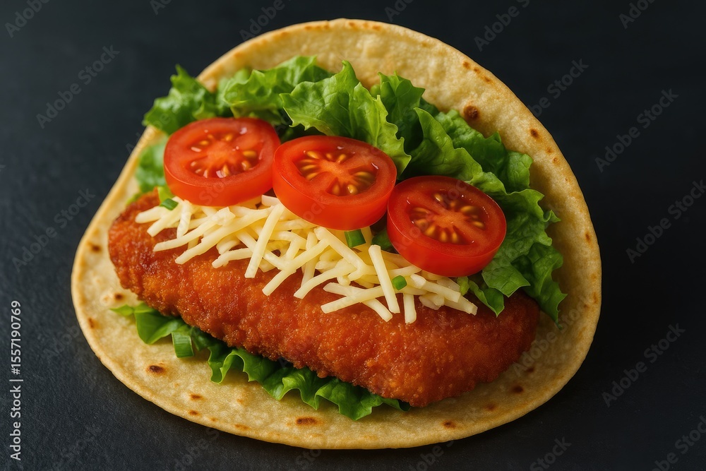 Delicious taco filled with crispy meat schnitzel, melted cheese, and fresh vegetables Delicious taco filled with crispy meat schnitzel, melted cheese, and fresh vegetables