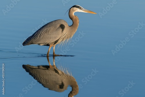 Elegant heron with mirror image in water