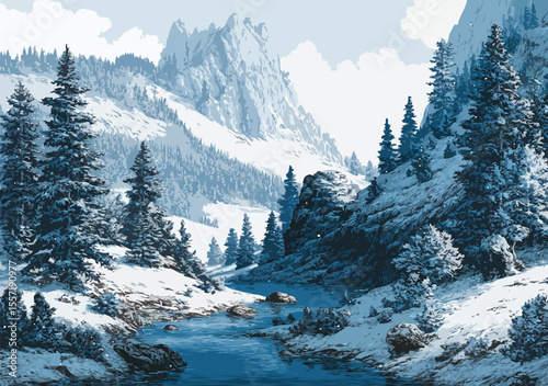 snow mountain and forest