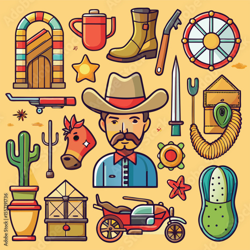 themed vector icons representing cowboy culture 01