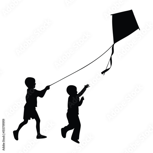 Children Flying Kite Silhouette